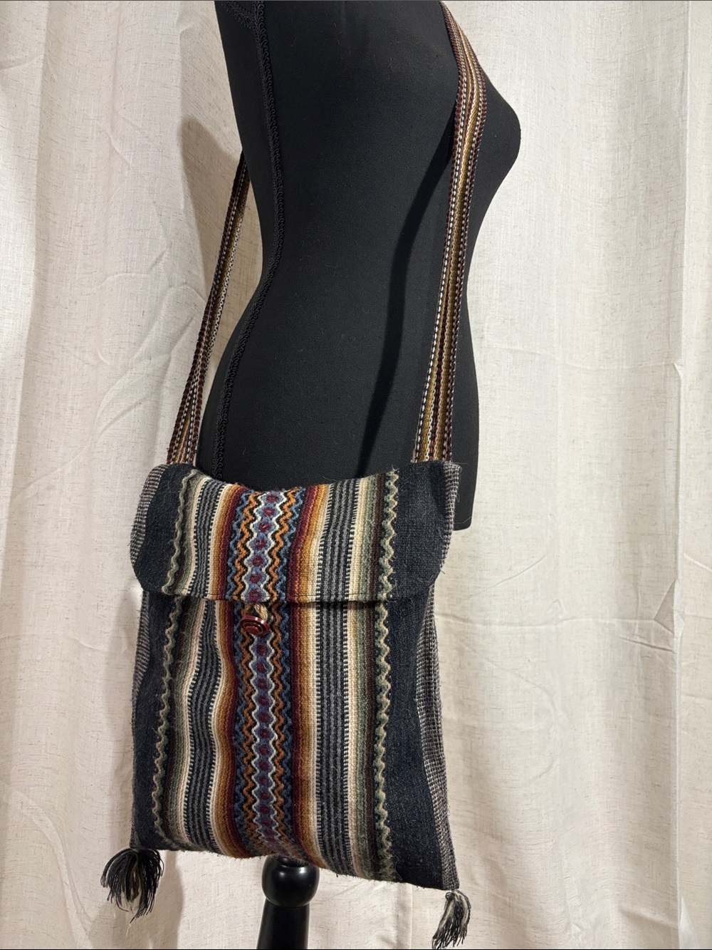 Handwoven Boho Black Multicolor Crossbody Bag - Artisan Wool Shoulder Bag